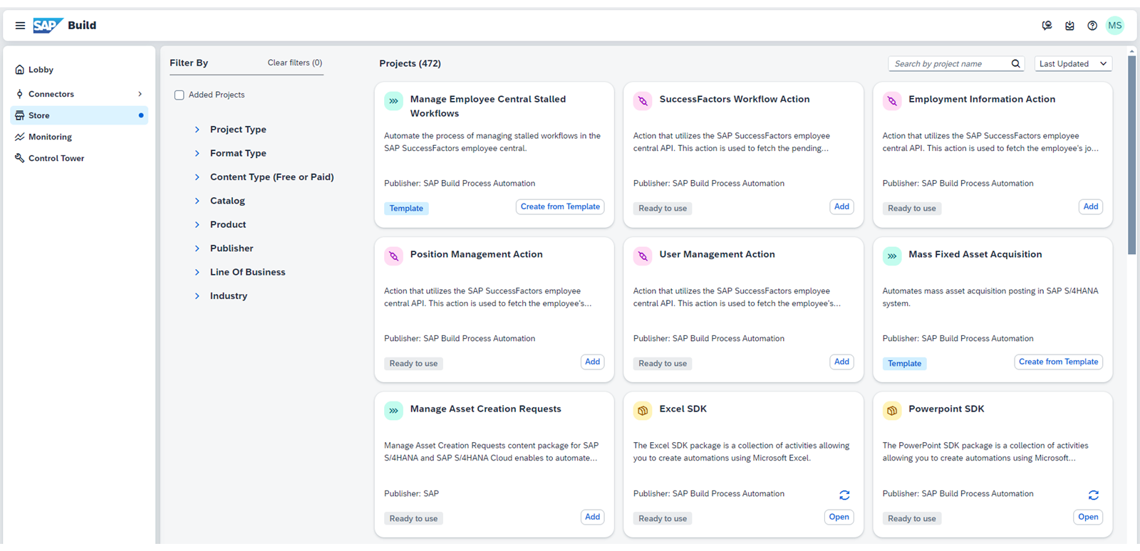 该图显示了 SAP Build Process Automation 的商店