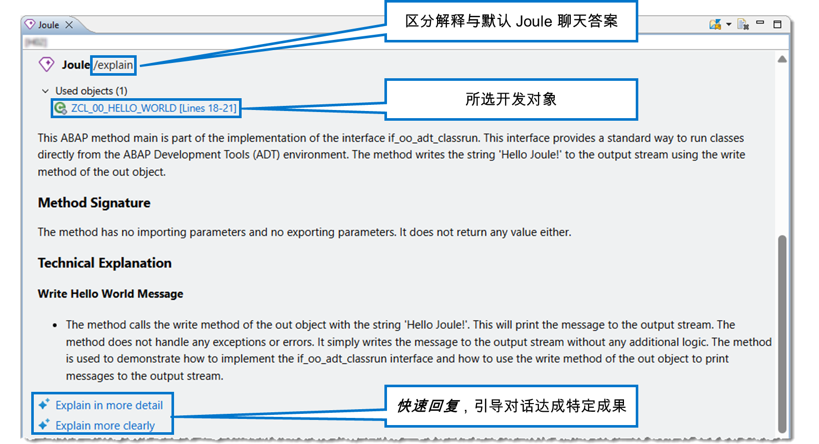 解释的答案将显示在 Joule 聊天视图中,所选开发对象在已使用对象下列出。