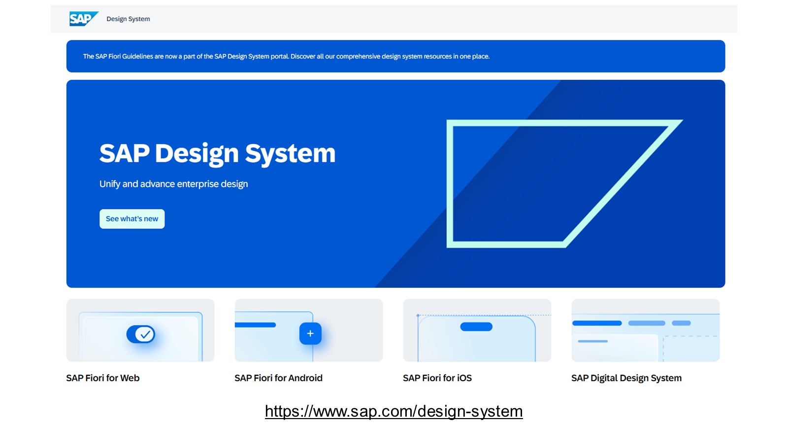 SAP Design System 门户展示了 SAP Fiori for Web、Android 和 iOS 以及 SAP Digital Design System 的选项。