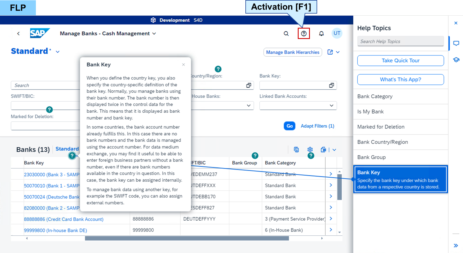 SAP Manage Banks 应用上上下文相关用户辅助的截图,显示用于管理银行层次结构的选项,并展示银行代码、账号和类别。帮助主题和详细说明可见。