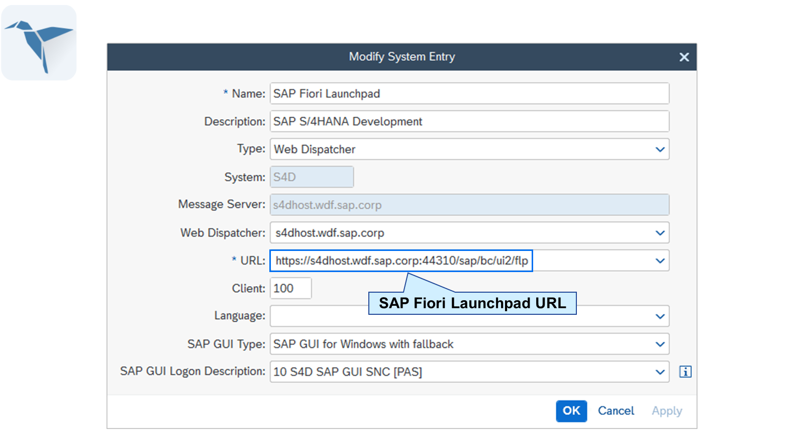 SAP Business Client 中系统条目的截图,显示名称、描述、类型、系统、消息服务器、Web 分派器、URL、客户端、语言、SAP GUI 类型和 SAP GUI 登录描述等字段,其中 SAP Fiori 启动板 URL 被高亮显示。