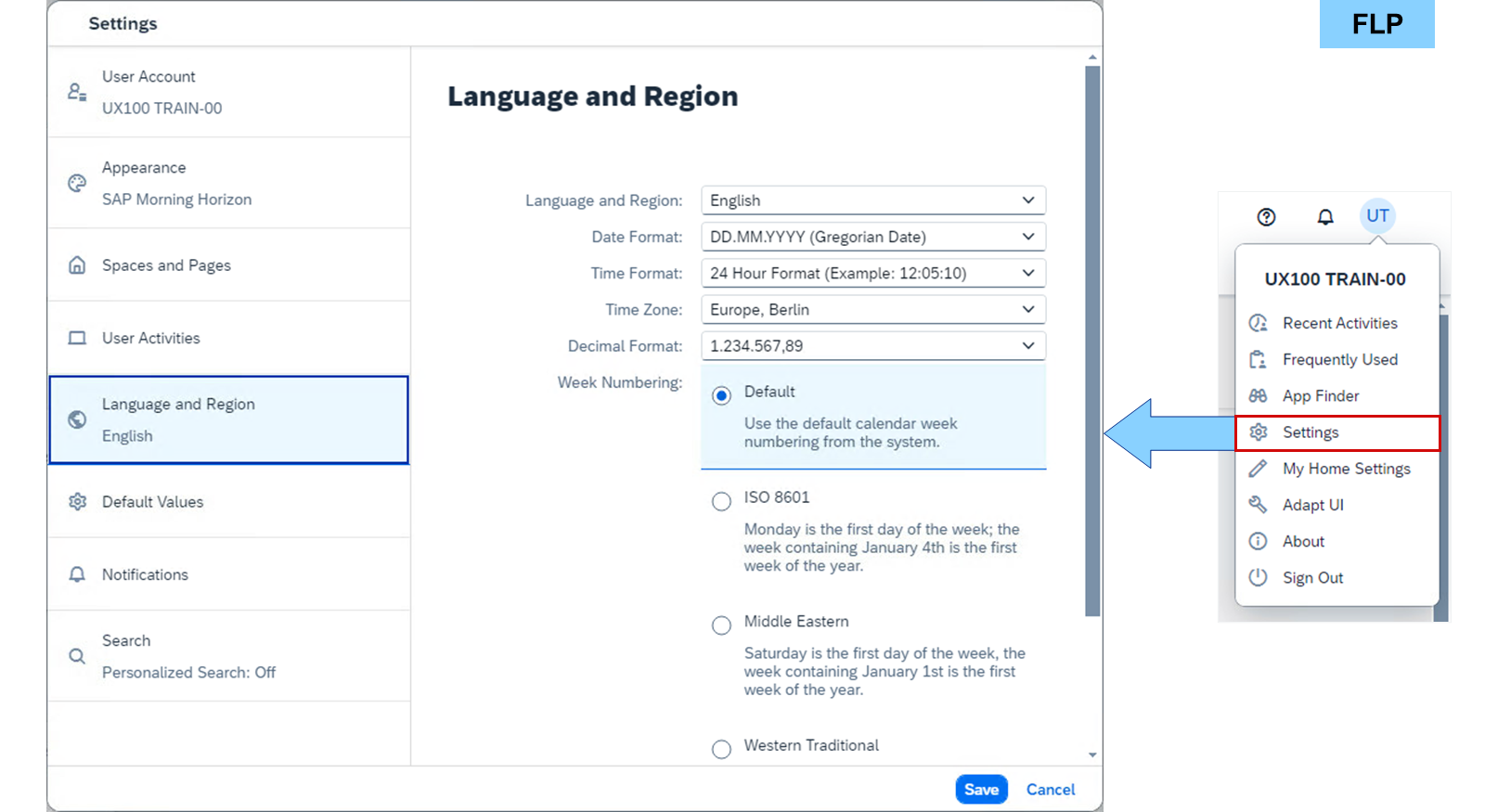 该截图显示了 SAP Fiori launchpad 中的"语言和区域"设置弹出窗口。设置通过用户操作菜单访问。