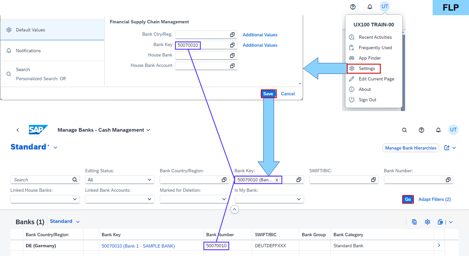SAP Fiori launchpad 的截图流程,显示为银行标识设置默认值的步骤及其在 Manage Banks 应用中的效果。