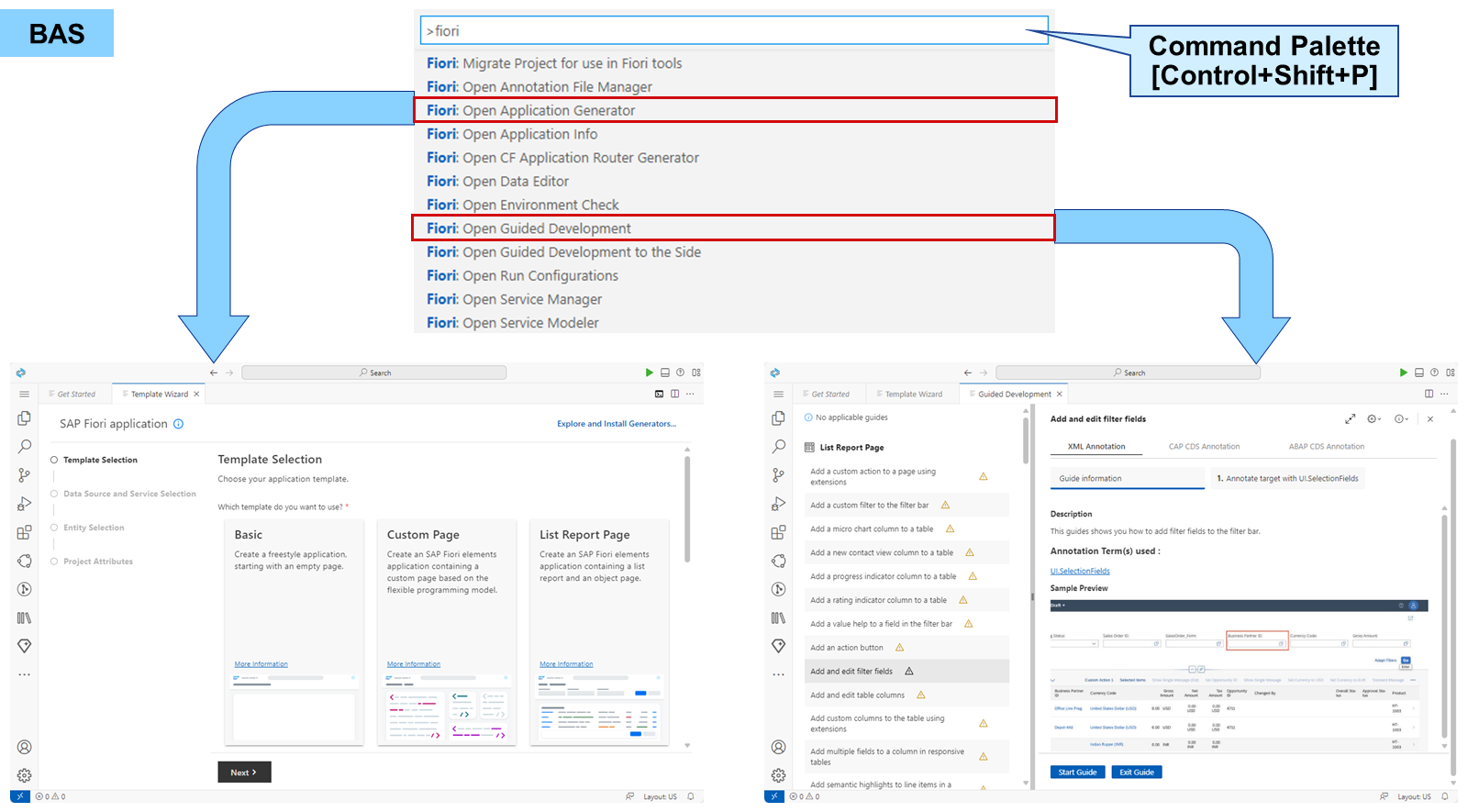 通过命令面板启动 Application Generator 和 Guided Development 的截图。上方:使用 Control+Shift+P 运行任务。左下:SAP Fiori 生成器模板选择。右下:Guided development 指南信息。