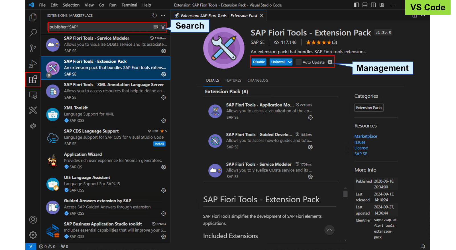 VS Code 扩展市场中 SAP Fiori Tools - Extension Pack 的截图,带有禁用、卸载和自动更新选项。左侧面板显示各种与 SAP 相关的扩展。