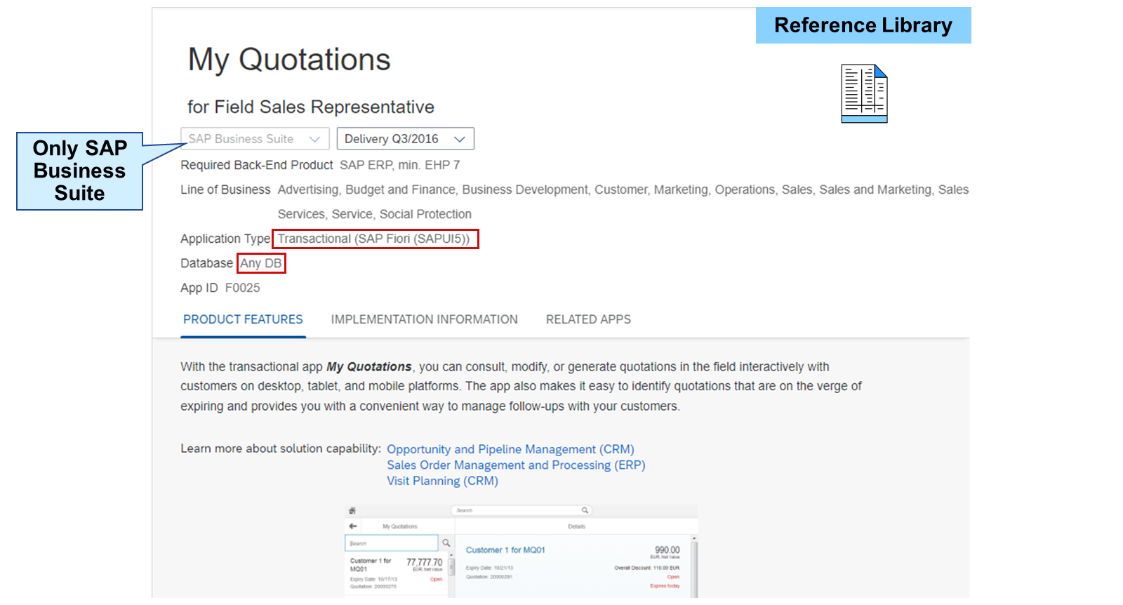 SAP Fiori apps reference library 中 My Quotations 的屏幕截图。SAP Business Suite 在用于选择业务套件和交付版本的下拉菜单旁被高亮显示。Transactional (SAP Fiori) 和 Any DB 被高亮显示。