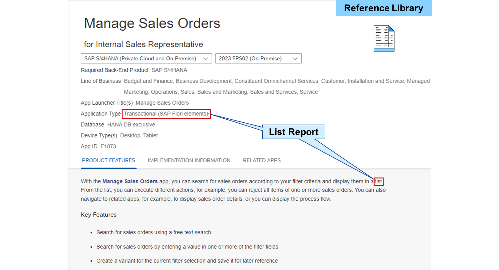 SAP Fiori apps reference library 中 Manage Sales Orders 的屏幕截图。Transactional (SAP Fiori elements) 和 list 被高亮显示,表示 List Report。