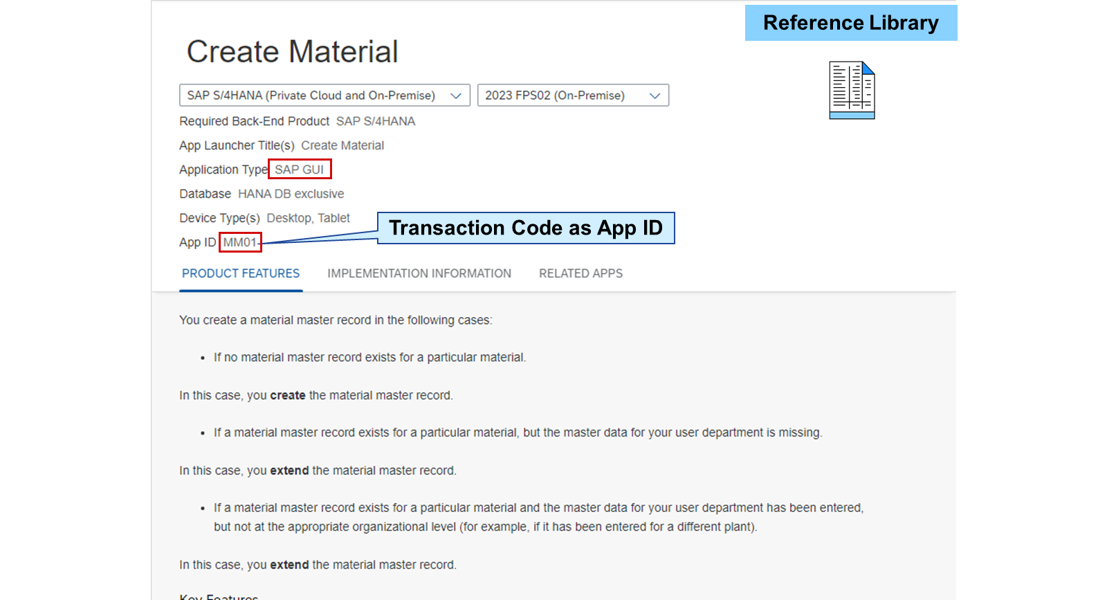 SAP Fiori apps reference library 中 Create Material 的屏幕截图。SAP GUI 和 MM01 被高亮显示,表示作为应用 ID 的事务代码。