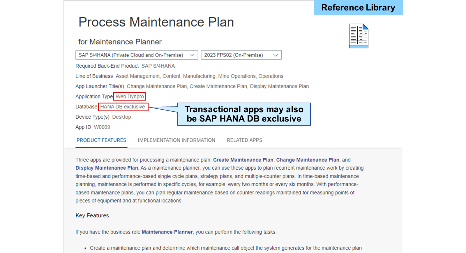 SAP Fiori apps reference library 中 Process Maintenance Plan 的屏幕截图。Web Dynpro 和 HANA DB exclusive 被高亮显示,表示事务型应用也可能为 SAP HANA 数据库专属。