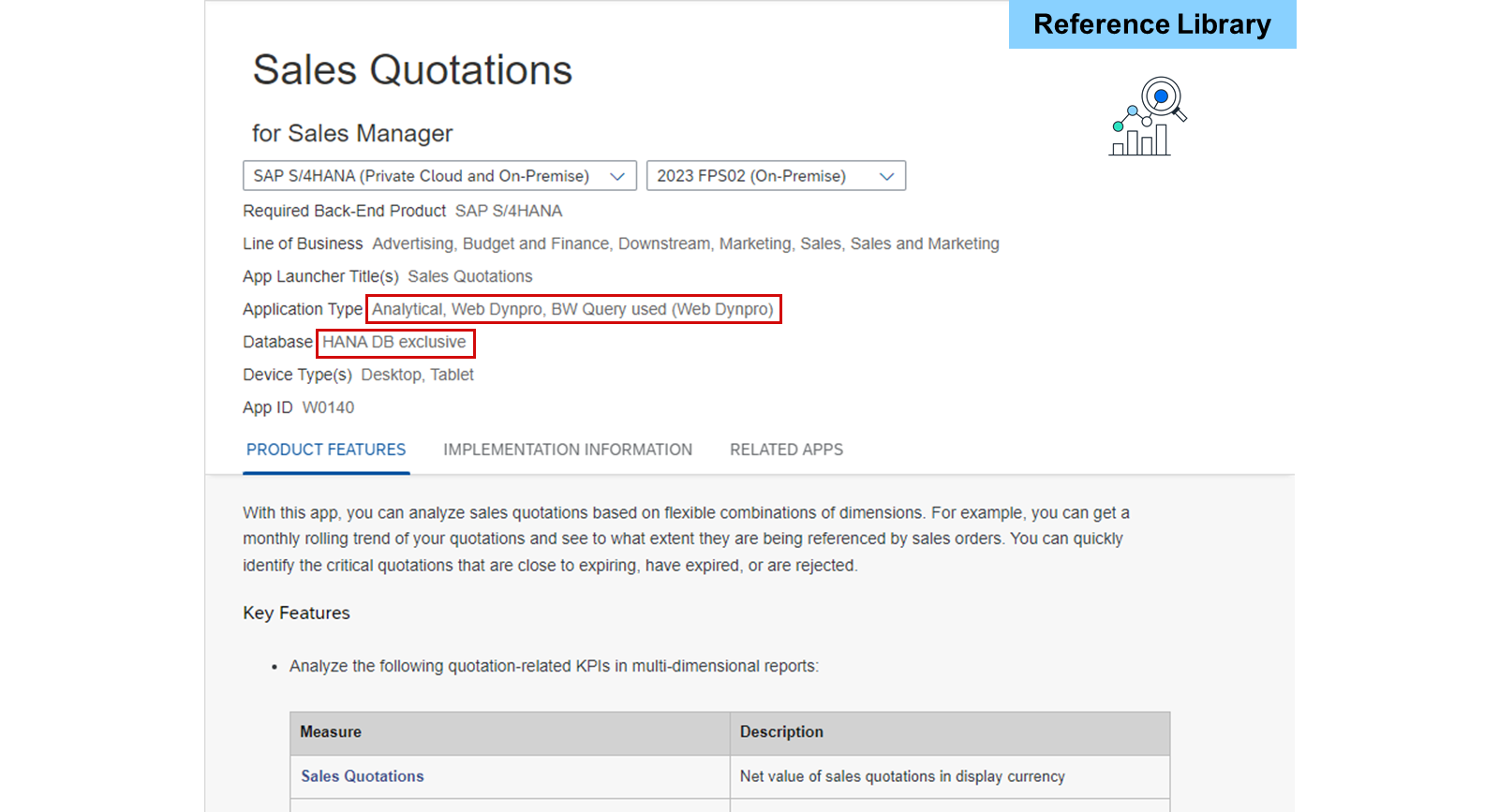 SAP Fiori apps reference library 中 Sales Quotations 的屏幕截图。Analytical、Web Dynpro、BW Query used (Web Dynpro) 和 HANA DB exclusive 被高亮显示。