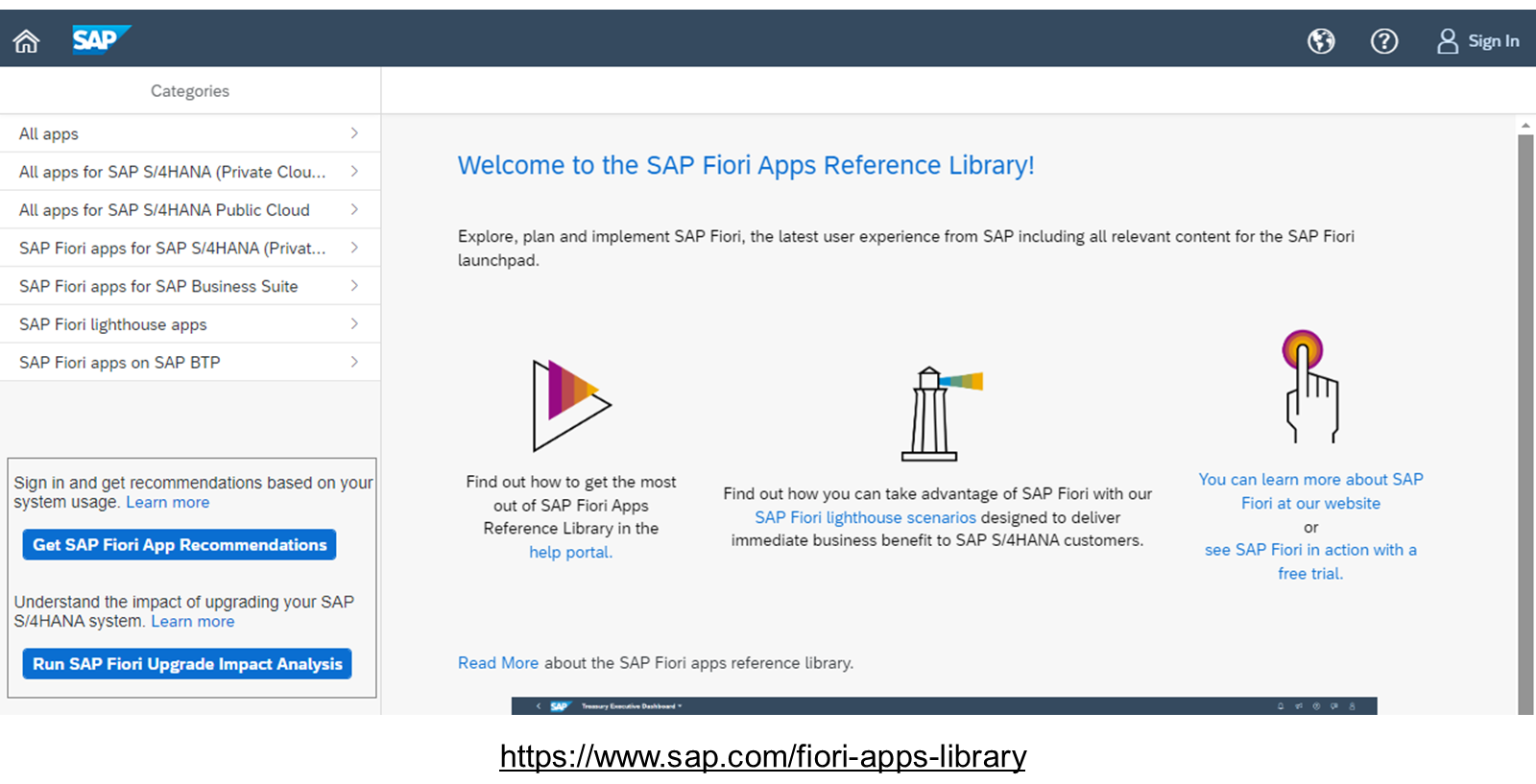 SAP Fiori apps reference library 入口页面的屏幕截图,包含导航类别、SAP Fiori 应用推荐以及带有信息图标和文本的升级影响分析按钮。
