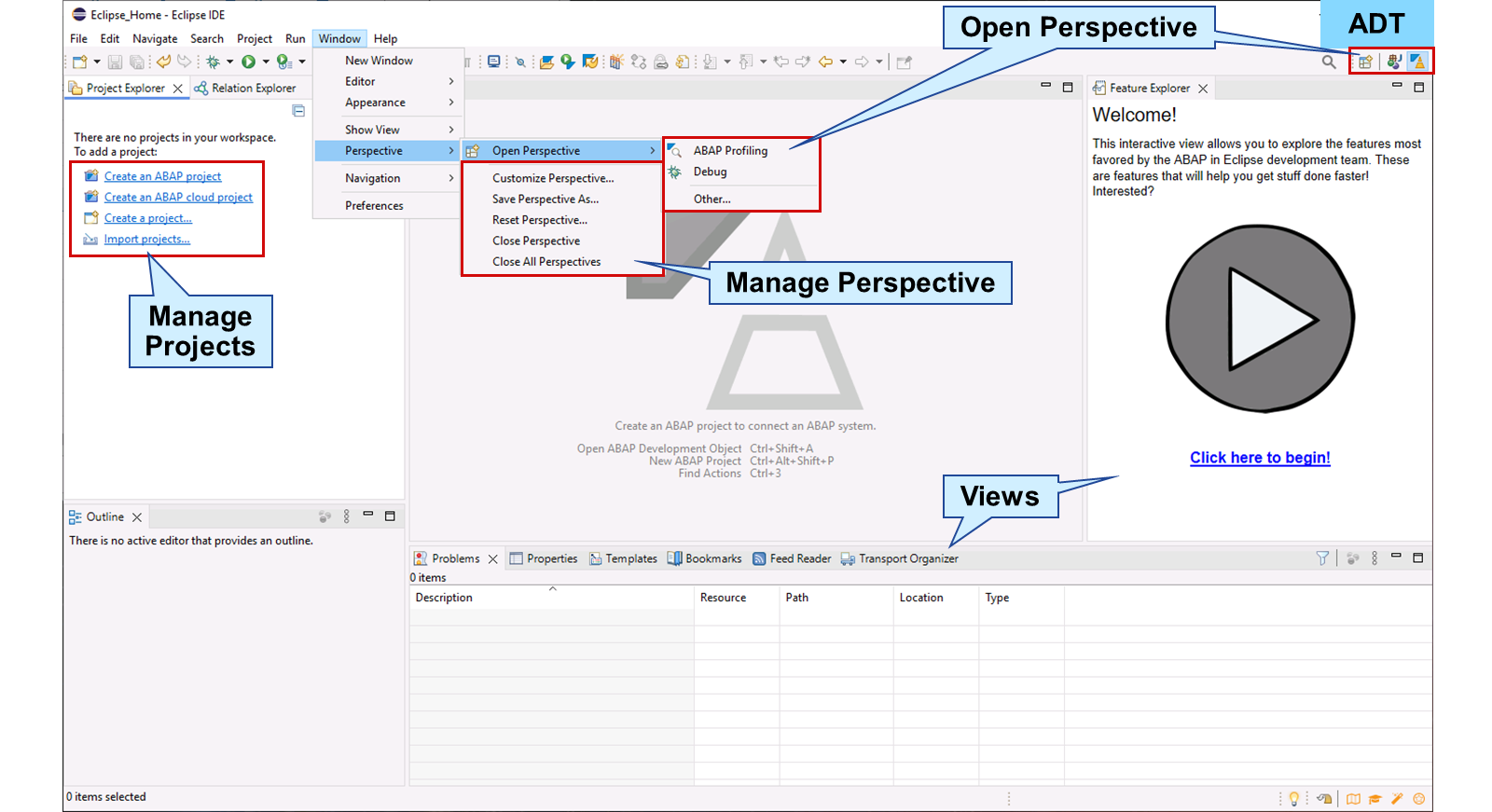 Eclipse 中 ABAP Development Tools 的屏幕截图,包含有关管理项目、打开透视图、管理透视图和视图的指南。