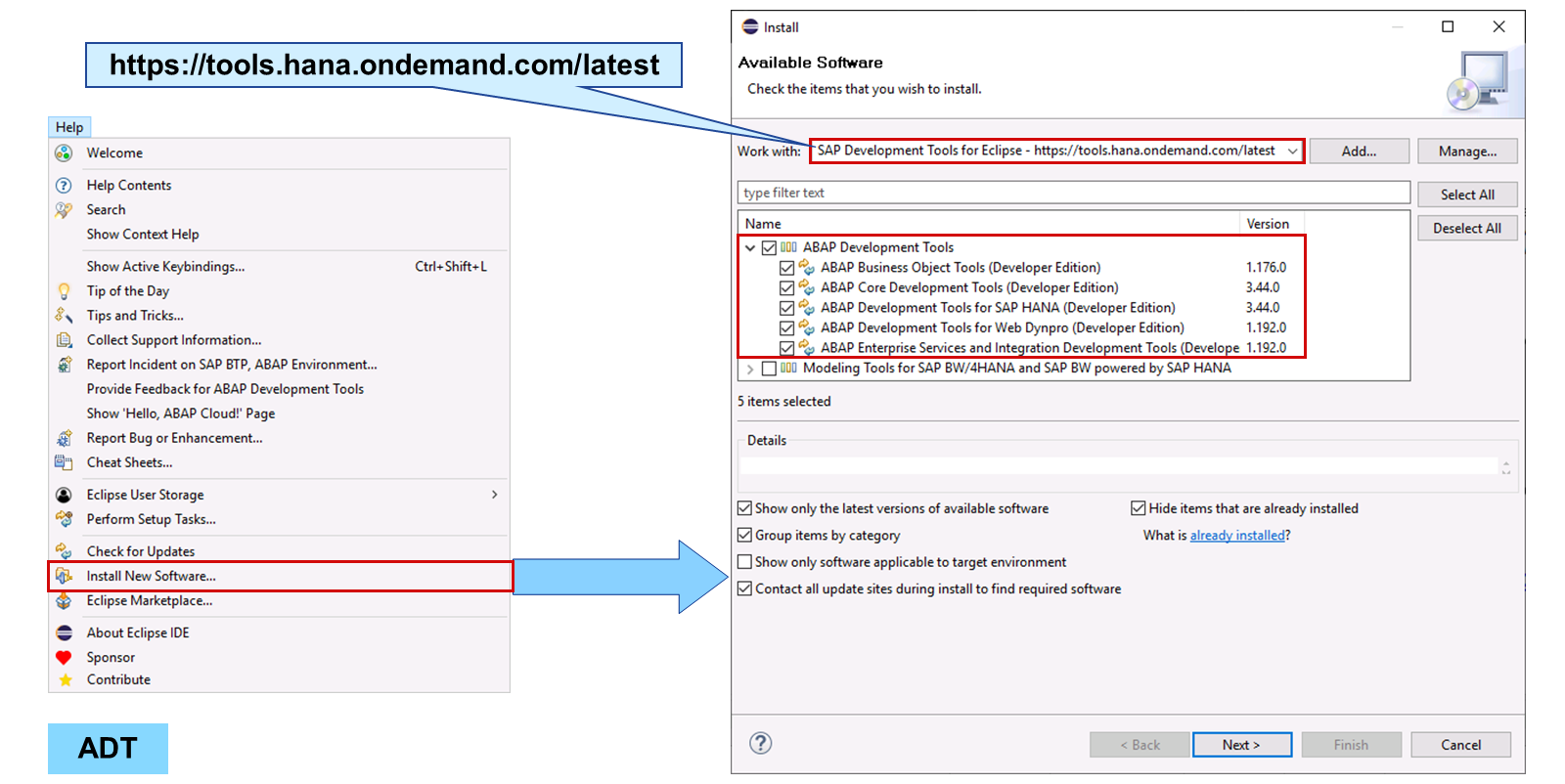 使用指定 URL 在 Eclipse 中安装 ABAP Development Tools for Eclipse 的分步指南。左侧显示导航到 Install New Software,右侧显示对话框中的选择项。