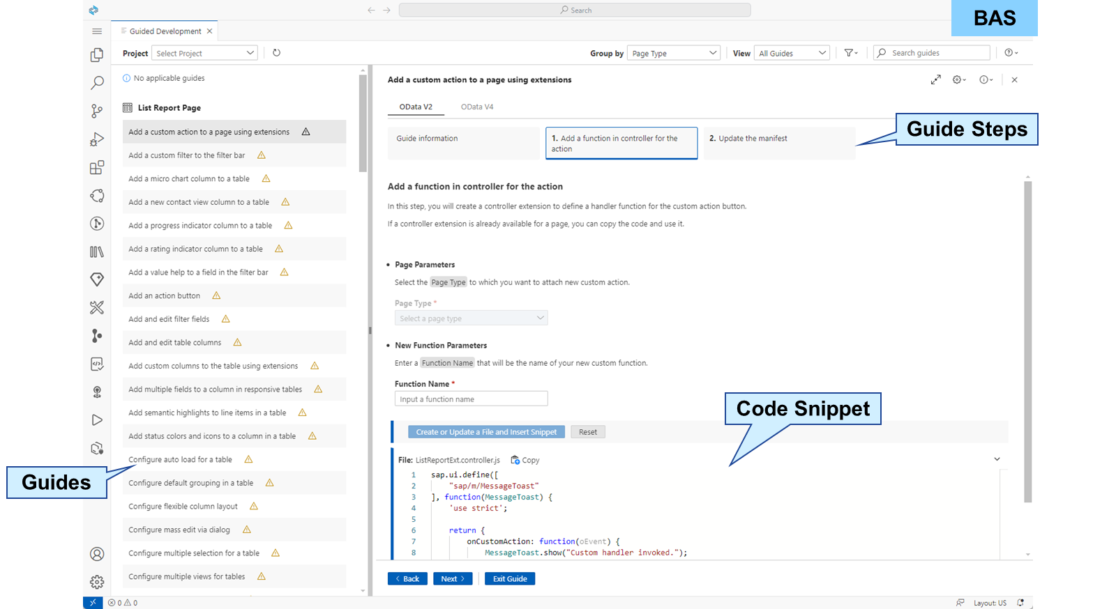 SAP Business Application Studio 中 SAP Fiori Tools – Guided Development 的指南和代码片段屏幕截图。