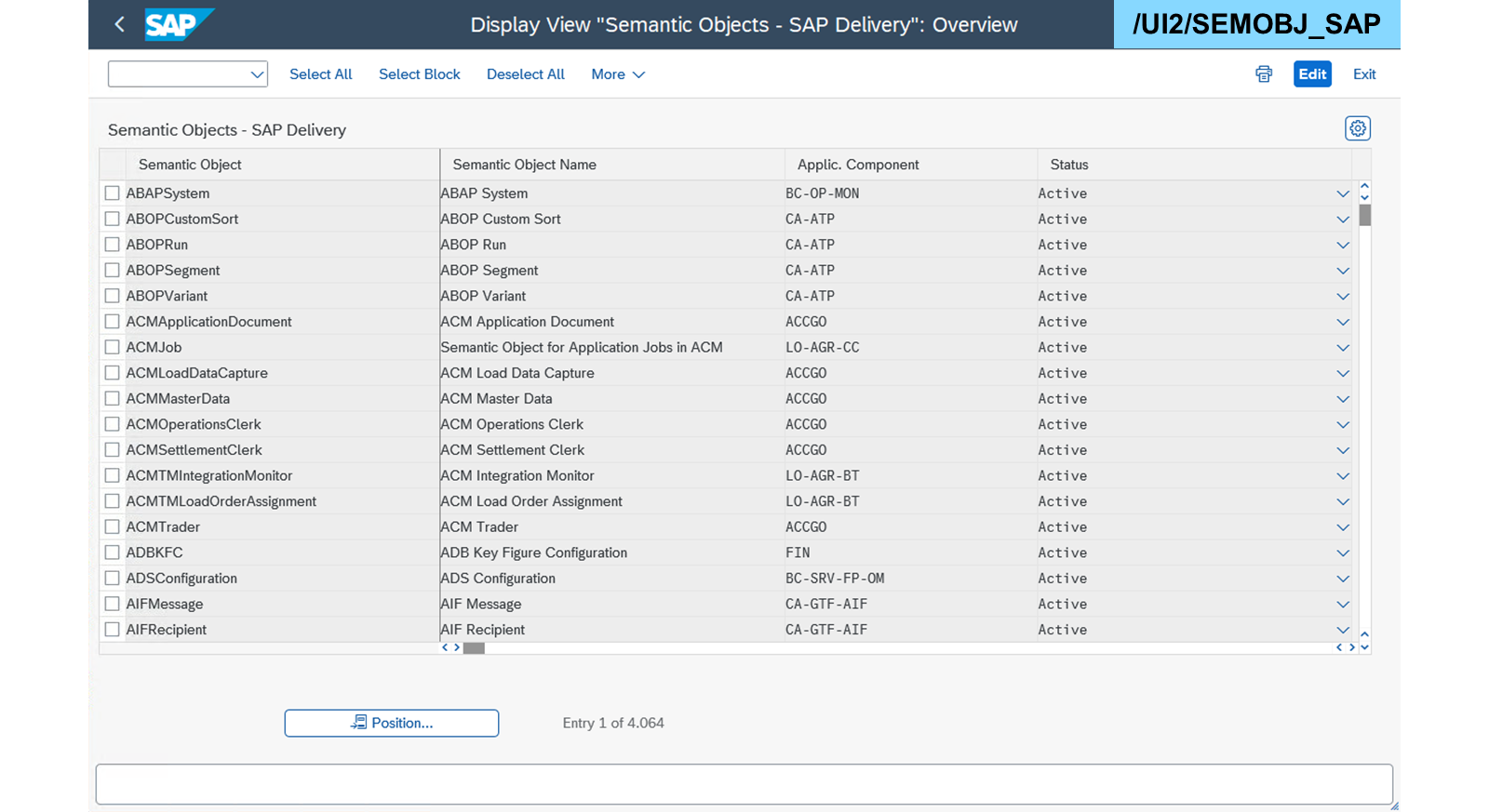/UI2/SEMOBJ_SAP 的截图,显示 Semantic Object、Semantic Object Name、Applic. Component 和 Status 列,其中多个条目标记为 Active。