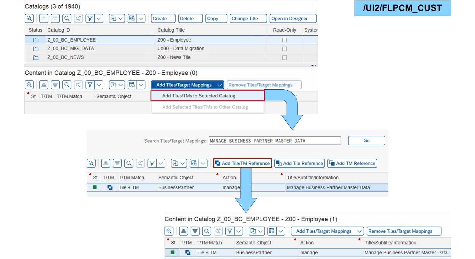 关于在 SAP Fiori launchpad content manager 中引用磁贴和目标映射的截图流程。