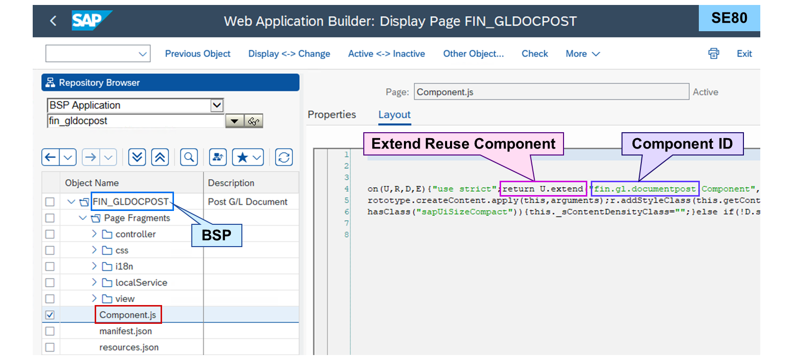 SE80 中带有重用组件的 Component.js 及组件 ID 的截图。