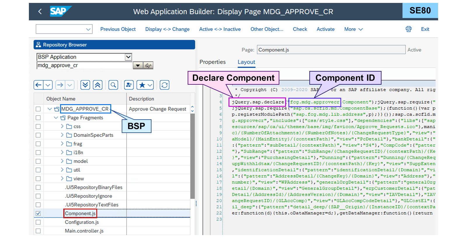 SE80 中带有 declare component 的 Component.js 及组件 ID 的截图。