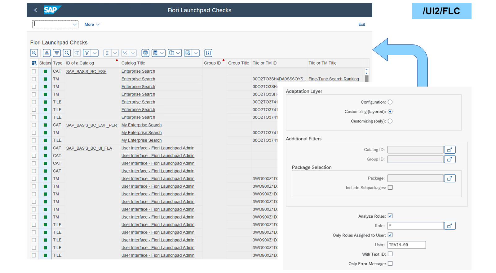 SAP Fiori Launchpad Content Check Report 的屏幕截图，显示了数据表、筛选选项和配置设置，包括适配层选项和包选择。