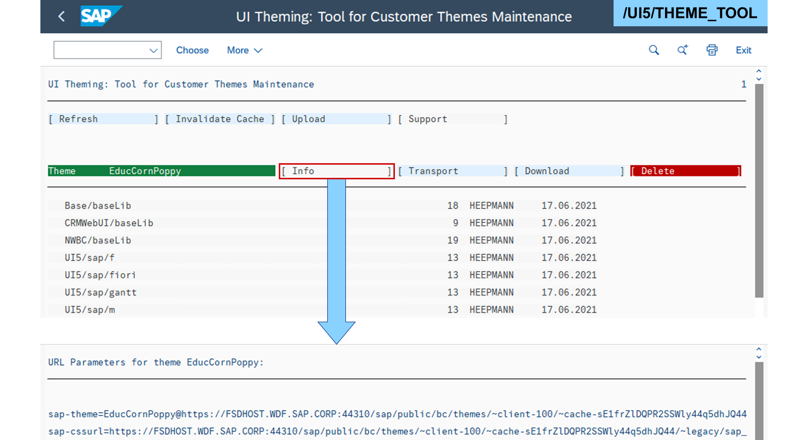 Theme Tool 的屏幕截图,显示针对主题 EducCornPoppy 的 Info、传输、下载和删除等主题维护选项,下方是详细的 URL 参数。