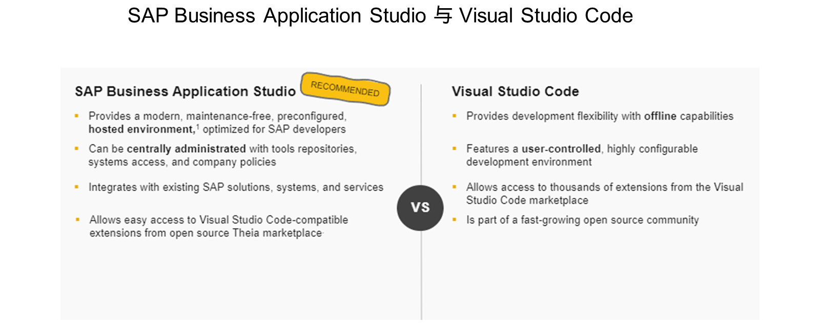 该图描述了 SAP Business Application Studio 和 Visual Studio Code 之间的所有主要差异。