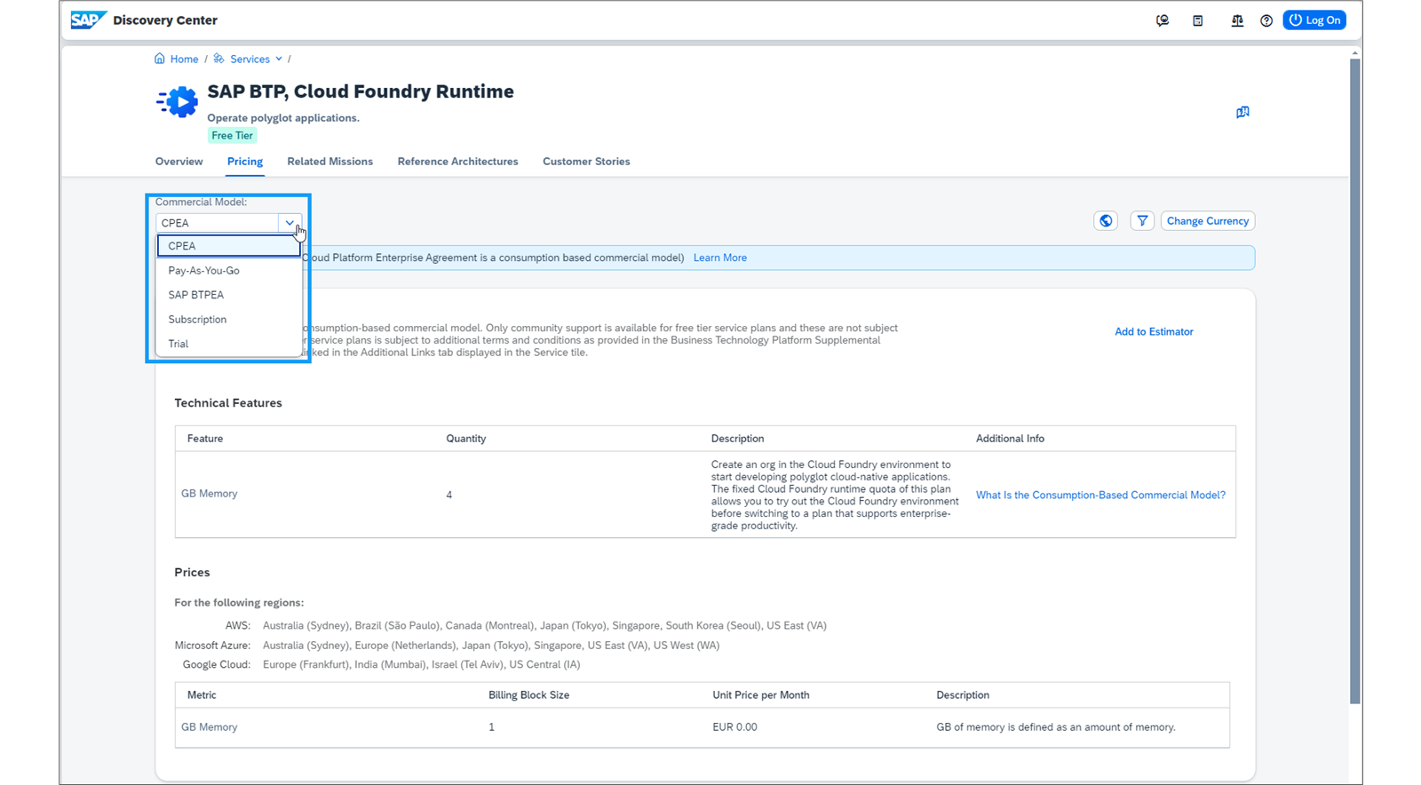 已选择定价标签且商业模型下拉列表已打开的 SAP BTP Cloud Foundry 运行时页面。