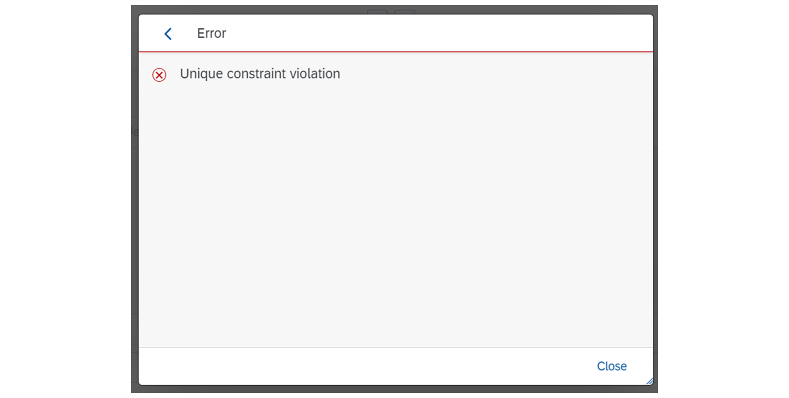 一条错误消息的截图,内容为 'Unique constraint violation'。