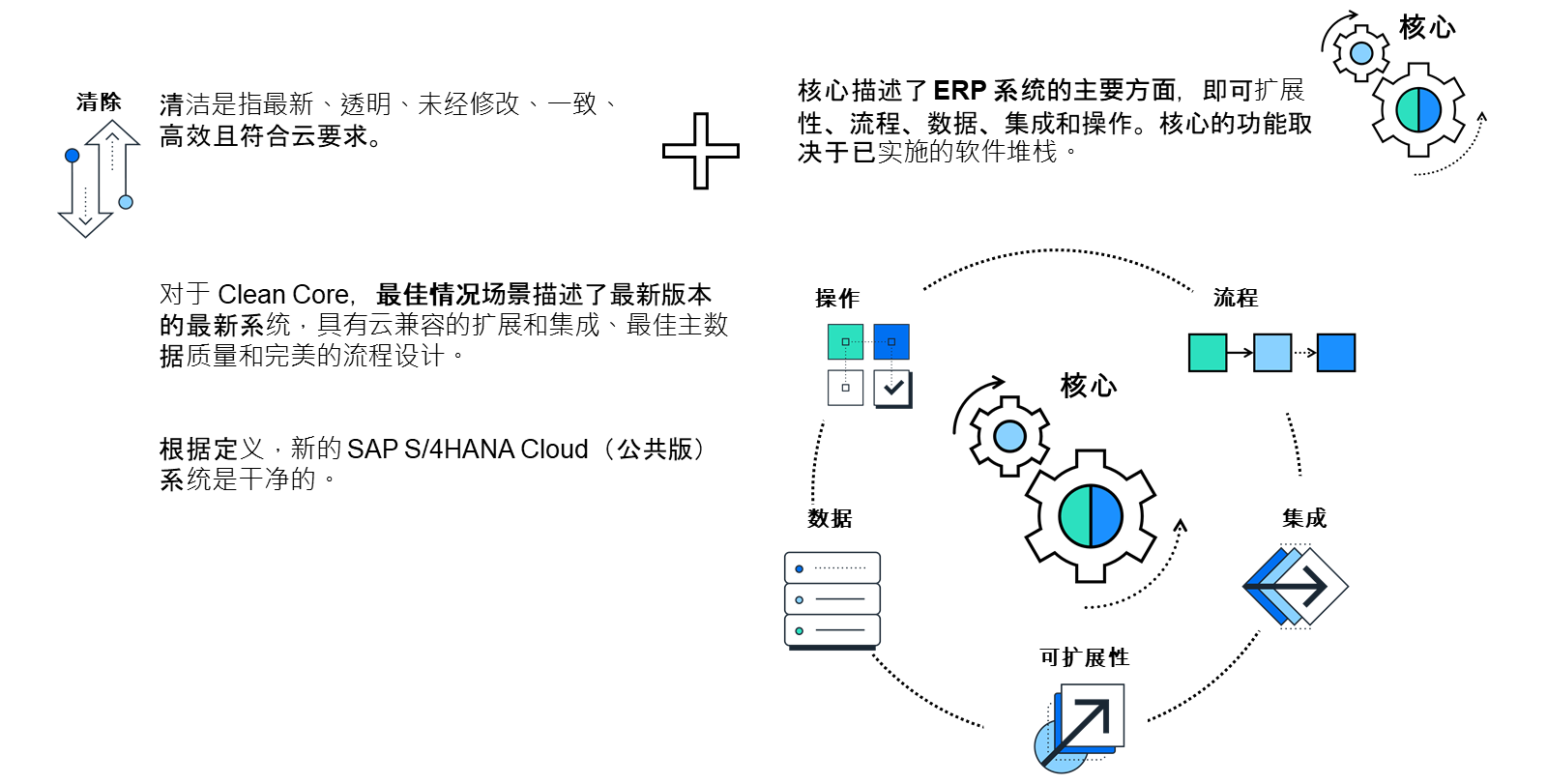Clean Core 描述了最新版本的最新系统，具有云兼容的扩展和集成、最佳主数据质量以及完美的流程设计。