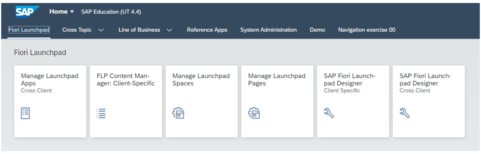 SAP Fioril launchpad 界面,顶部显示导航选项卡,以及六个应用磁贴,标题如 Manage Launchpad Apps 和 SAP Fiori Launchpad Designer。