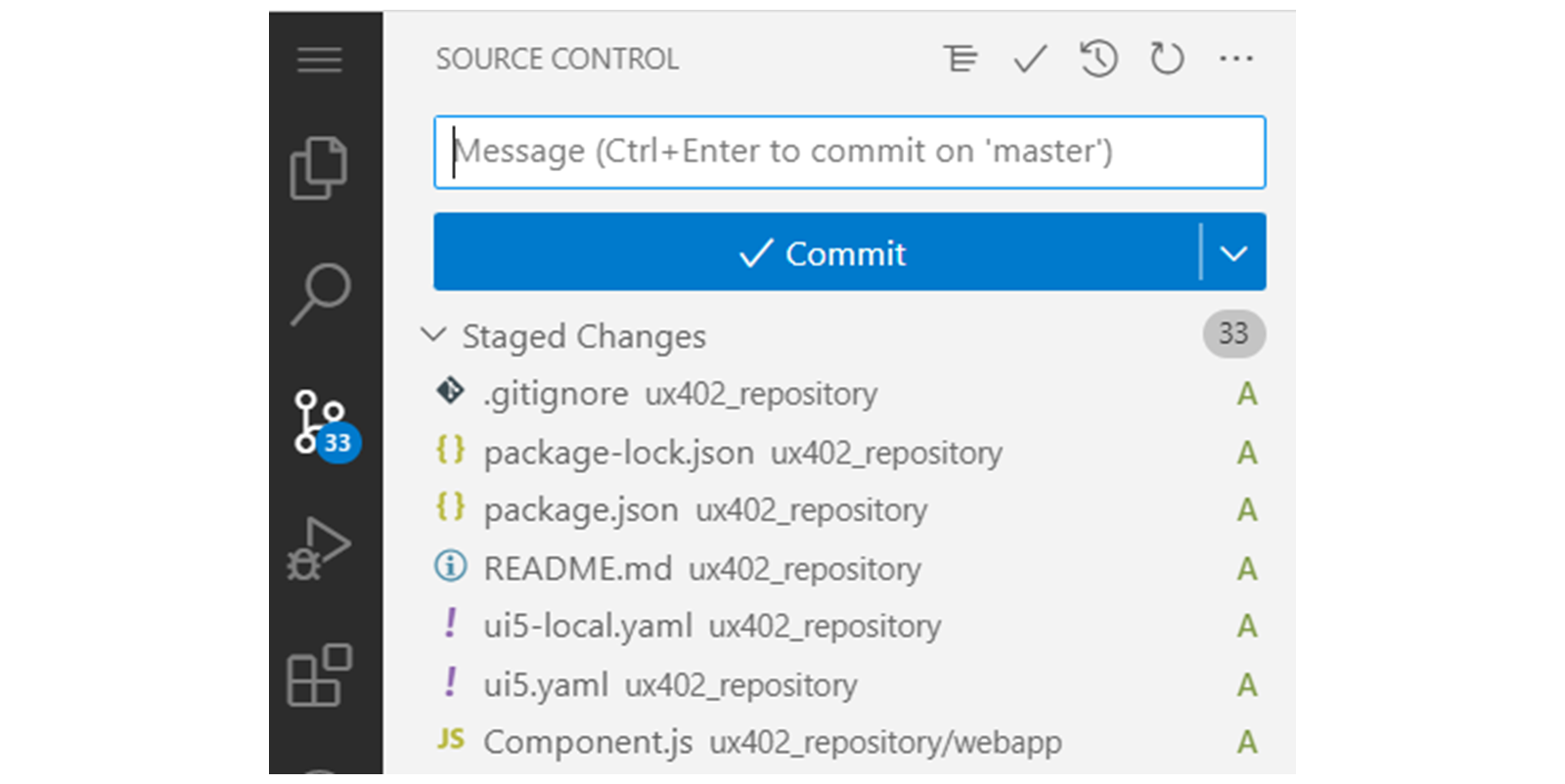 Git 窗格截图，显示所有标记为 A（已添加）的文件。
