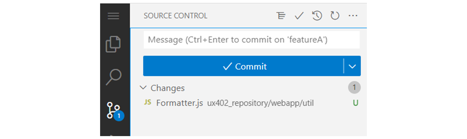 Git 面板截图,显示 formatter.js 文件带有标记 U(Untracked)。