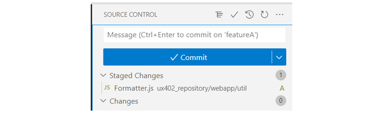 Git 面板截图,显示该文件带有标记 A(added)。
