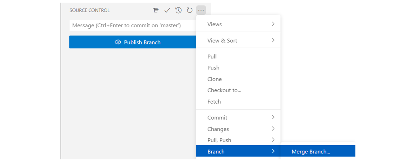 Git 面板菜单选项截图。选择 Branch → Merge Branch。