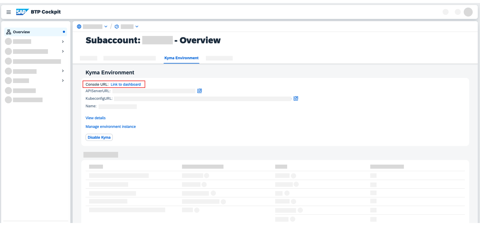 SAP BTP Cockpit 显示子账户详细信息。突出显示的 Console URL: Link to dashboard 可见。