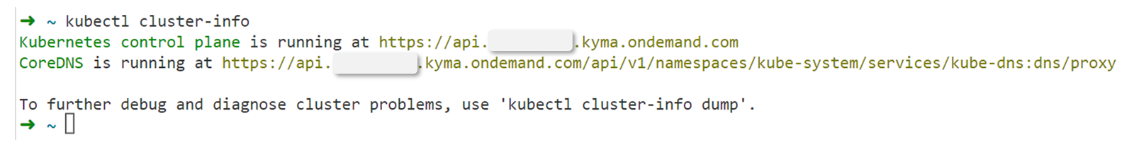 终端输出显示命令 kubectl cluster-info 的结果。它显示 Kubernetes 控制平面和 CoreDNS 在特定 URL 上运行,并建议使用 kubectl cluster-info dump 进行调试。