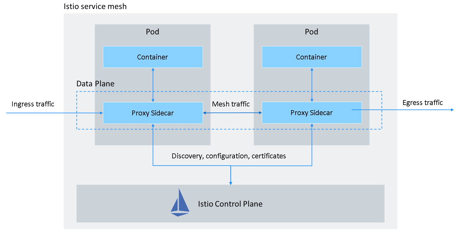 Istio 架构图,展示两个 Pod,每个 Pod 都包含一个 Container 和一个 Envoy Proxy(Sidecar)。Istio 控制平面管理 Pod 之间的流量。