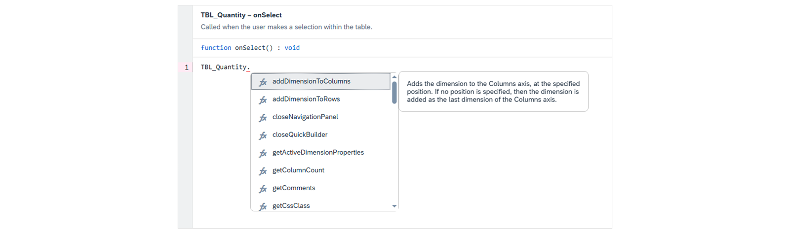 SAP Analytics Cloud 脚本编辑器中的代码完整化。请记住，键盘上最重要的快捷键是 Crtl + 空格。