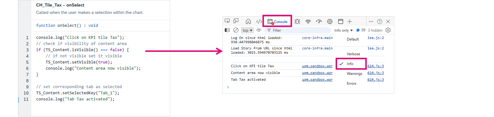 使用开发人员工具（右）的 SAP Analytics Cloud 代码（左侧）。
