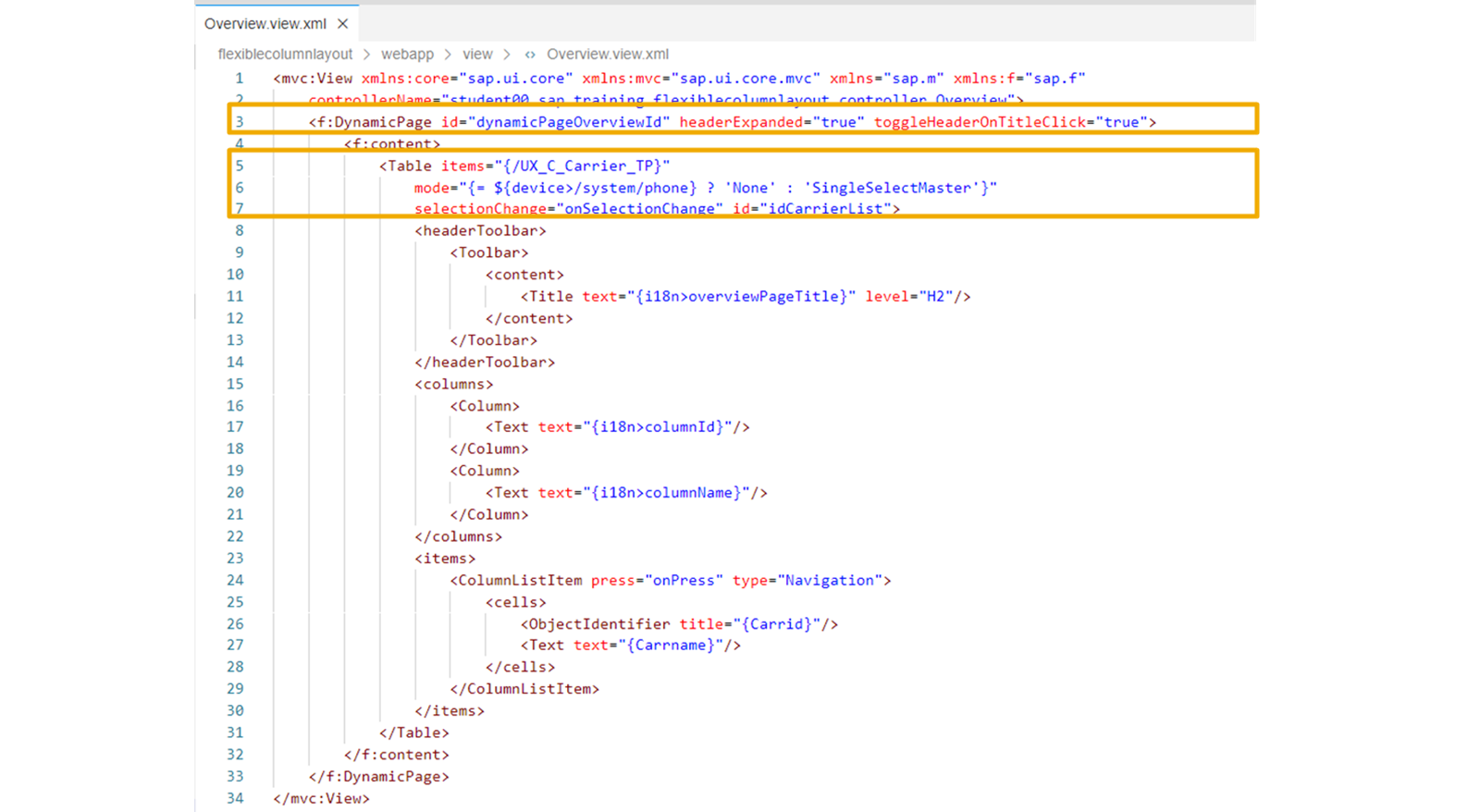 包含 DynamicPage 控件和 Table 的列表视图定义。