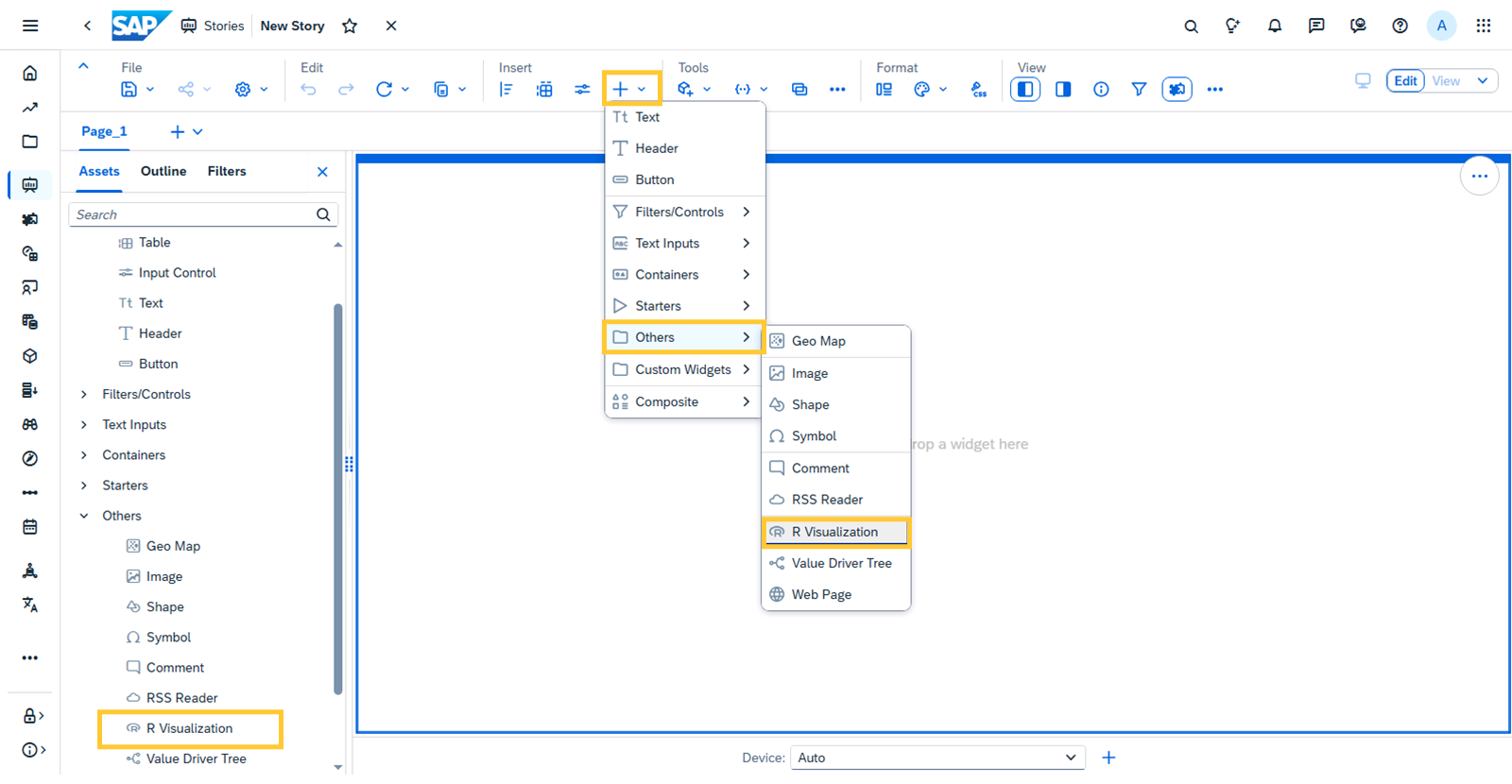 一个 SAP Analytics Cloud 故事,其中“资产”面板在屏幕左侧打开,R 可视化对象微件突出显示。此外,“添加”菜单下拉菜单会打开,并突出显示“R 可视化对象”。