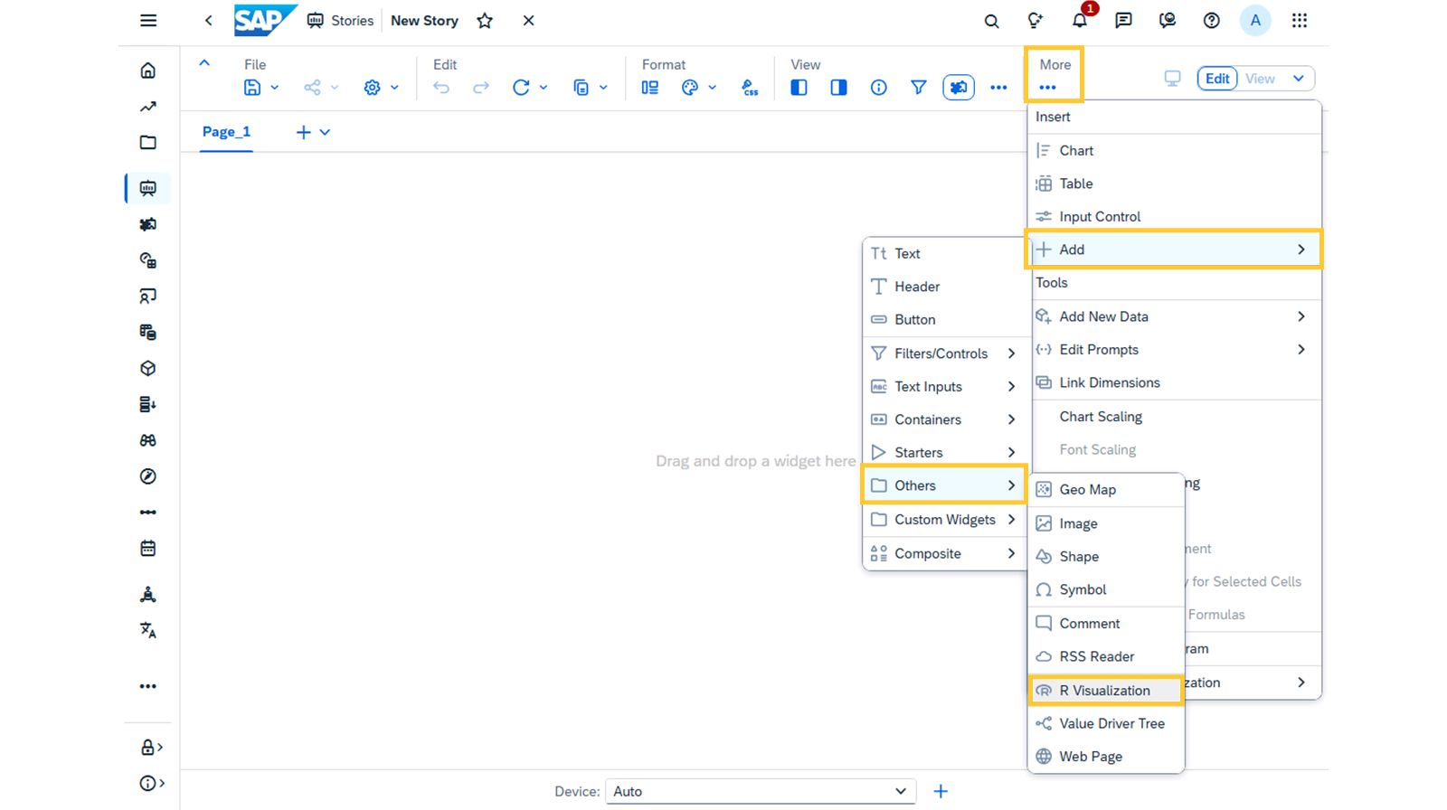 一个 SAP Analytics Cloud 故事,其中突出显示了 R 可视化对象微件的“更多”菜单项和菜单路径。
