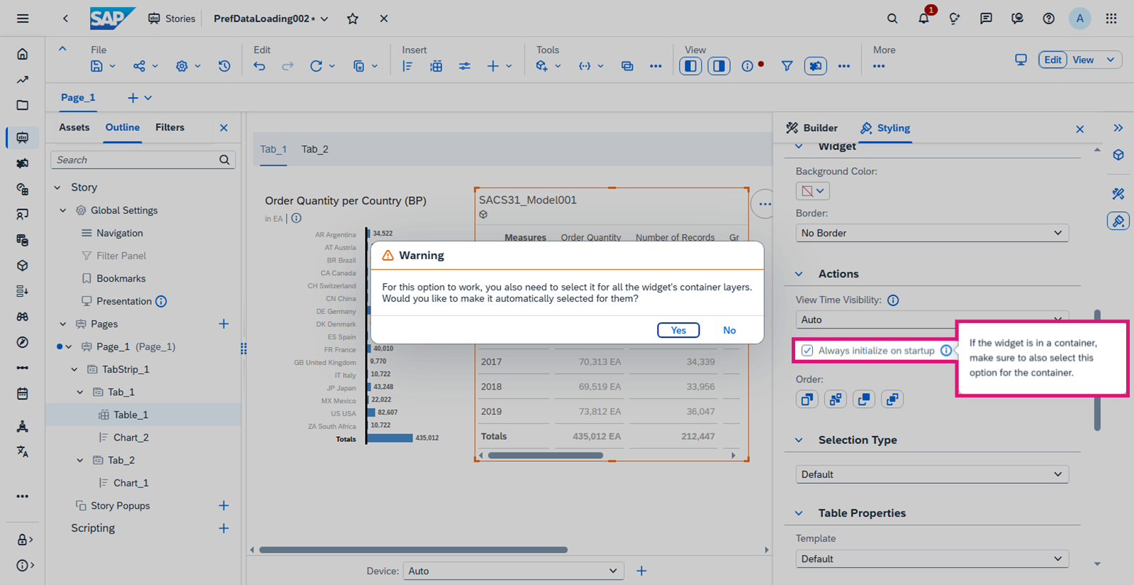 SAP Analytics Cloud 故事,其中选择了选项卡条中的微件。在“样式设置”面板中选择“始终在启动时初始化”后,将出现一条警告,指示容器也必须设置为“始终在启动时初始化”。