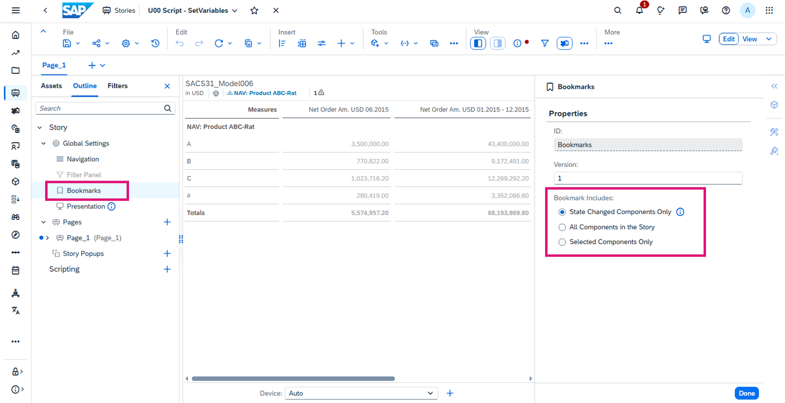 在左侧面板中选择了书签的 SAP Analytics Cloud 故事。如上所述,书签选项在右侧面板中突出显示。