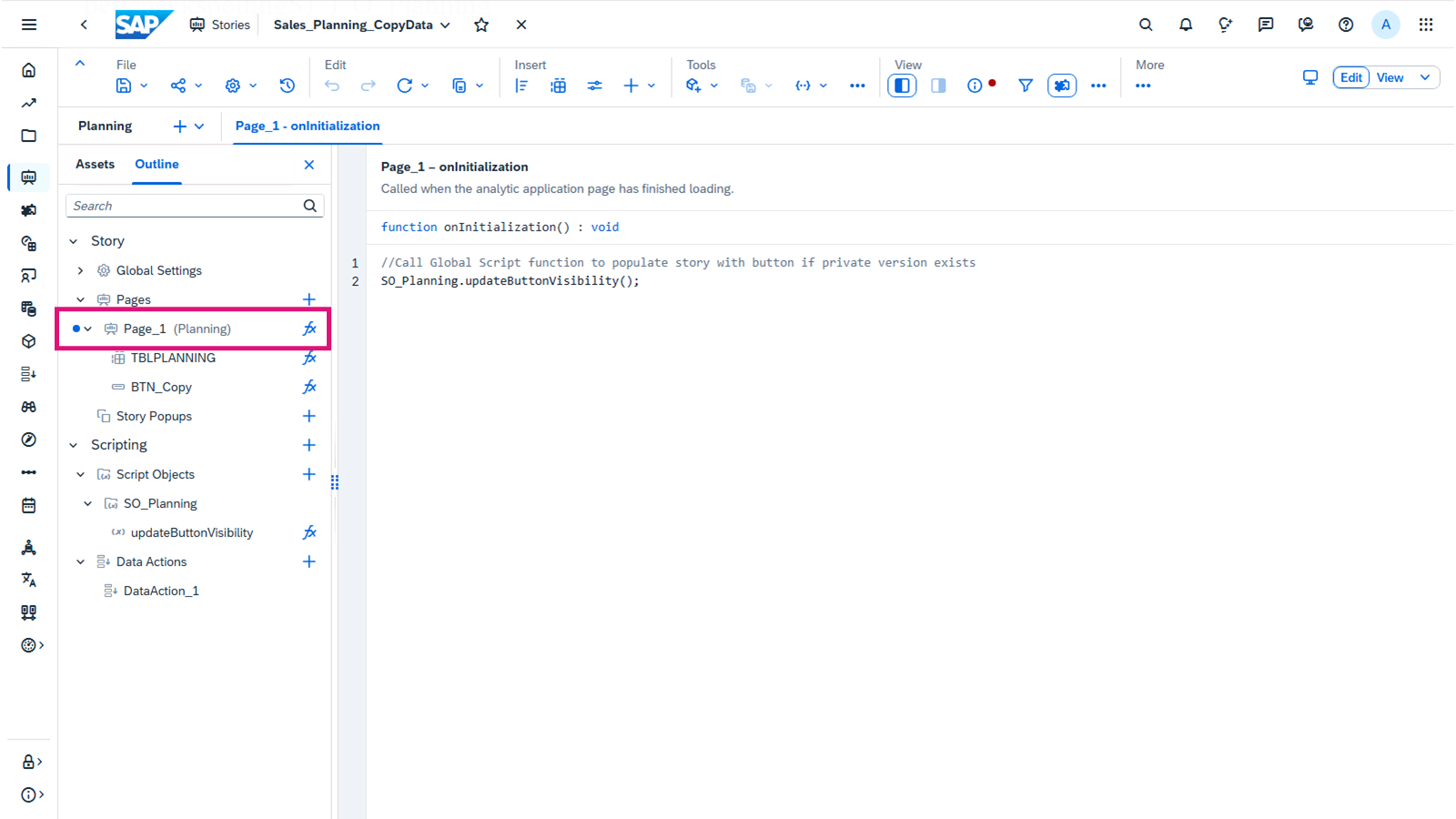 第 1 页的 onInitialization 脚本。