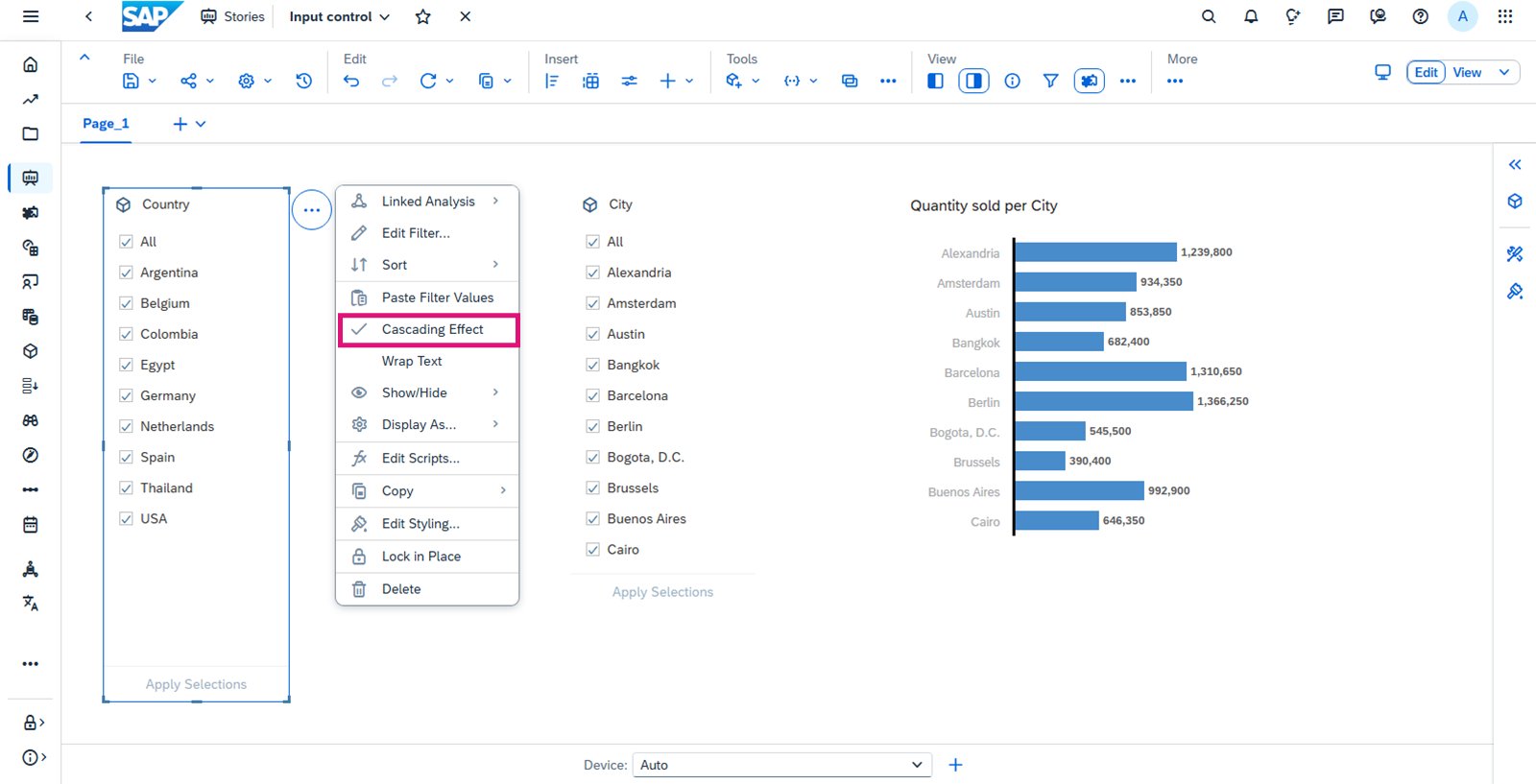 包含输入控件选项且选中“级联效应”（突出显示）的 SAP Analytics Cloud 故事。