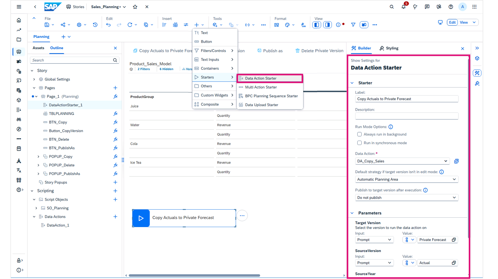 SAP Analytics Cloud 故事中的数据操作启动器。工具栏打开，并且在生成器面板中打开了“数据操作启动器”设置。
