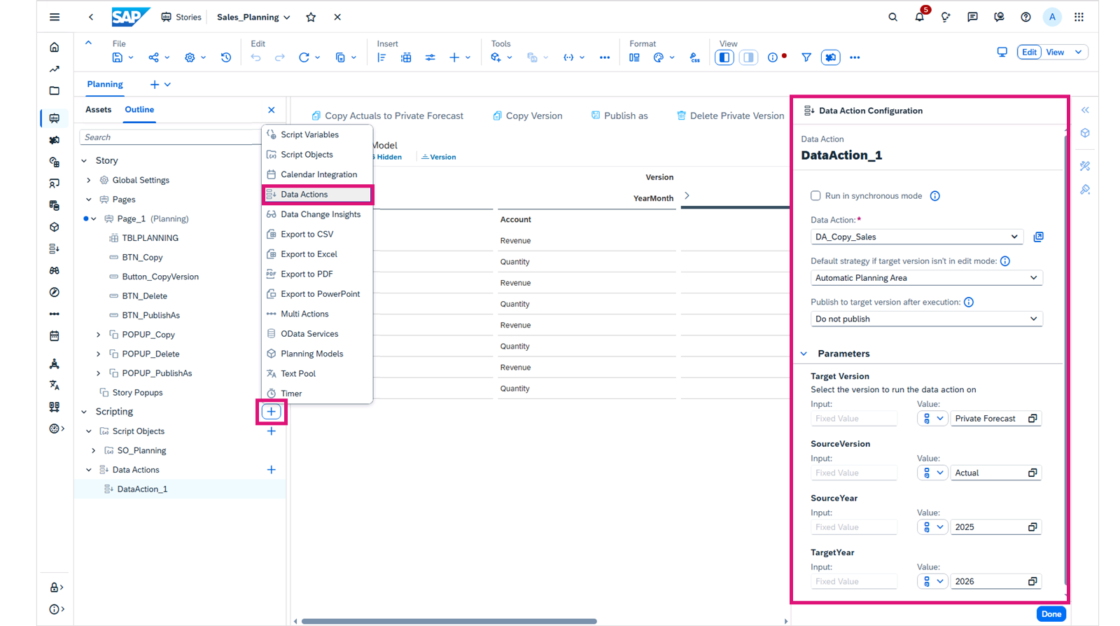 从 SAP Analytics Cloud 故事的左侧面板插入的数据操作技术对象,并在屏幕右侧打开“数据操作配置”面板。