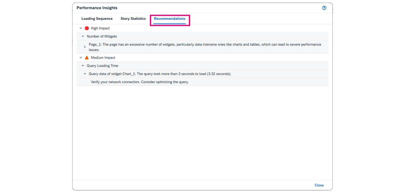 SAP Analytics Cloud 性能洞察对话框，其中已选择建议标签。