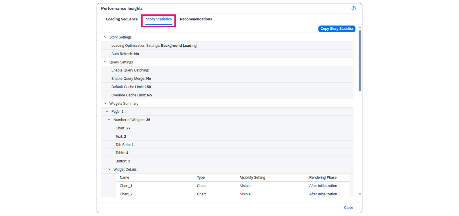 SAP Analytics Cloud 性能洞察对话框，其中已选择统计标签。