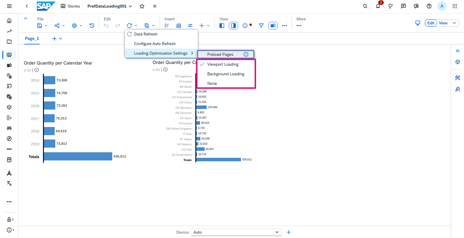 “数据刷新”菜单打开的 SAP Analytics Cloud 故事,显示三个“加载优化设置”(突出显示)。
